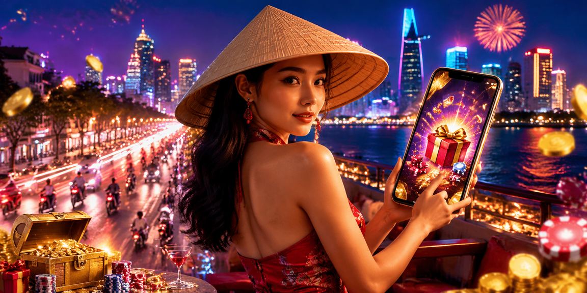 Người dùng tại TP. Hồ Chí Minh trải nghiệm giao diện casino mobile với nón lá truyền thống