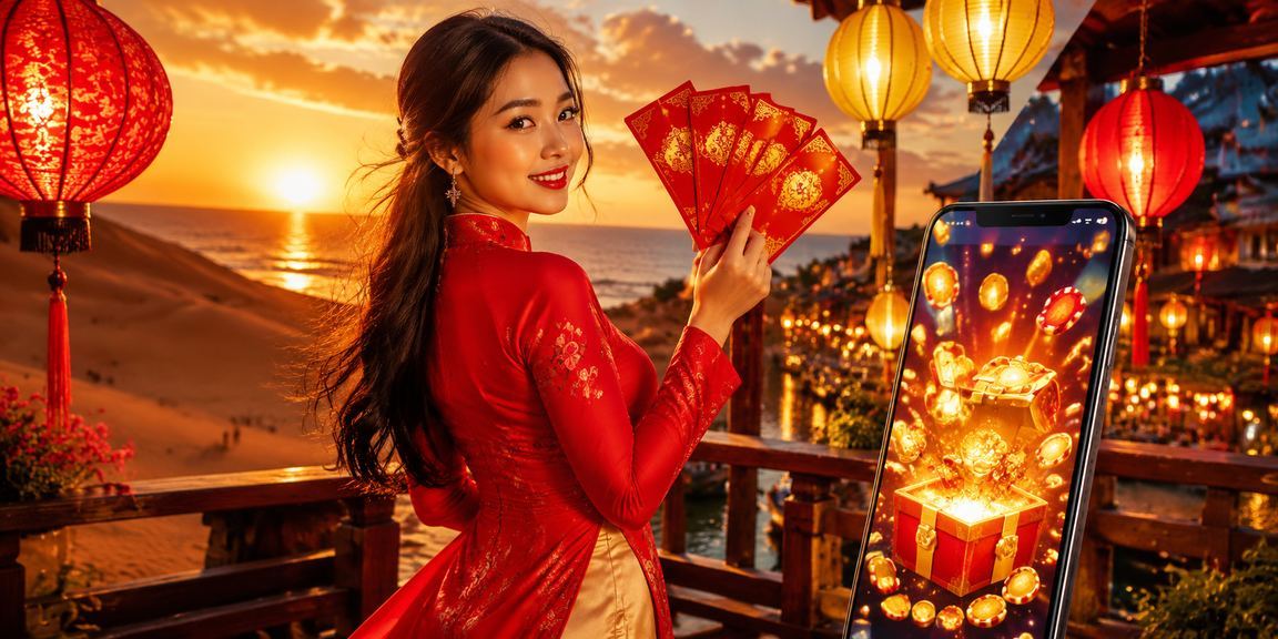 Không khí lễ hội Hội An với phong bao đỏ và áo dài, liên tưởng đến cá cược mùa Tết